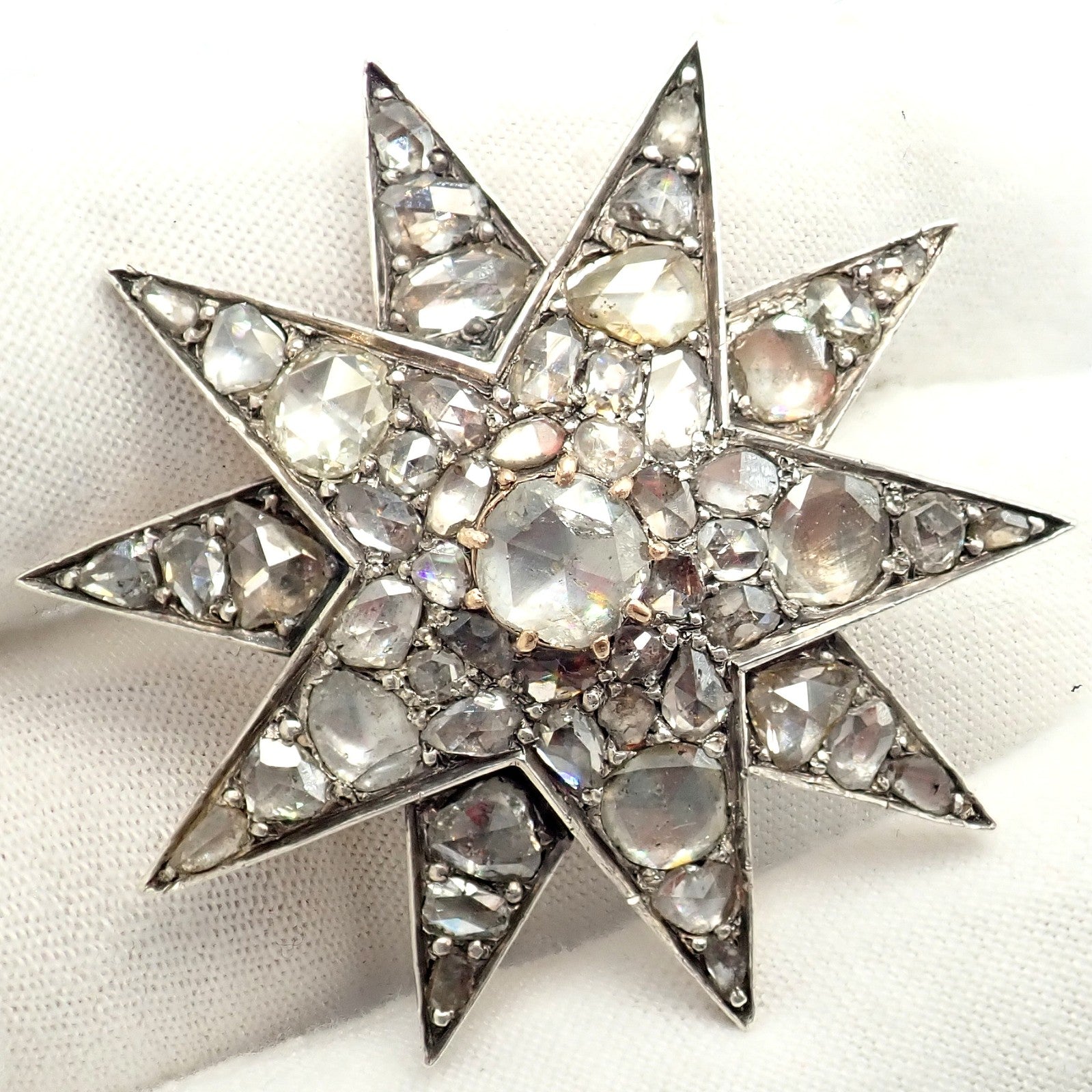 Antique 18k Gold + Silver Georgian Rose Cut Diamond Star Pin Brooch 1800's | Fortrove