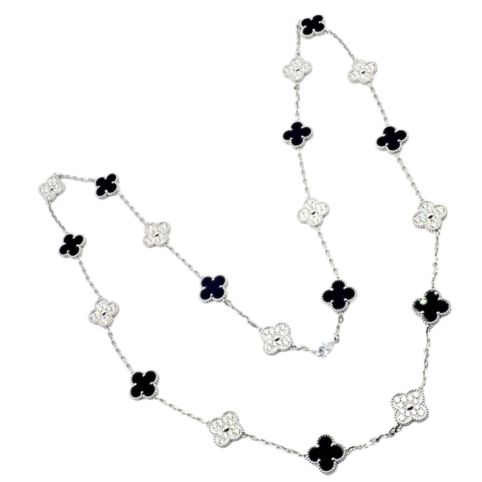 Van Cleef & Arpels 18k Gold 20 Motif Vintage Alhambra Diamond Onyx Necklace Cert | Fortrove