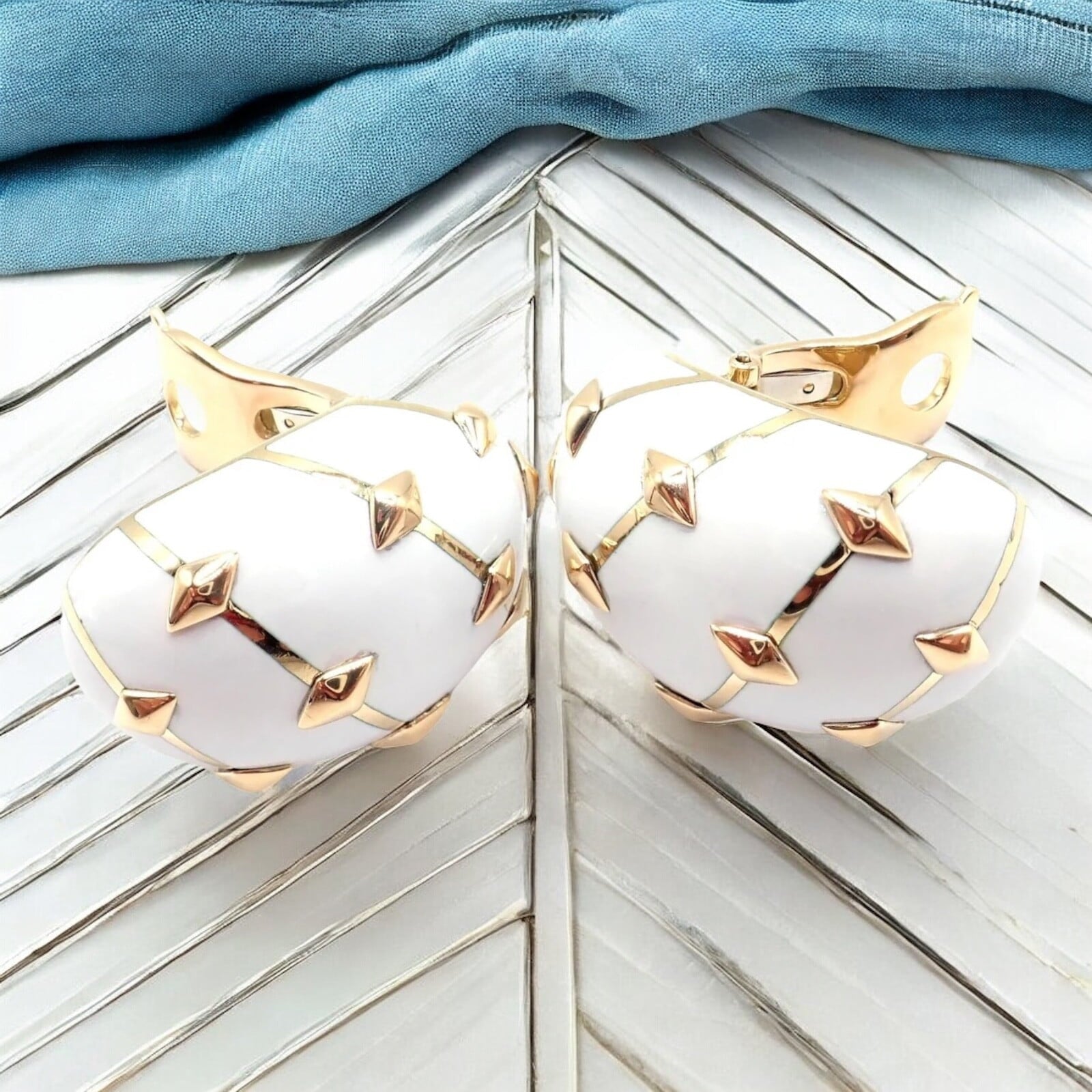 Jean Schlumberger for Tiffany & Co. Jewelry & Watches:Fine Jewelry:Earrings Tiffany & Co Schlumberger Dot Losange 18k Yellow Gold White Enamel Hoop Earrings
