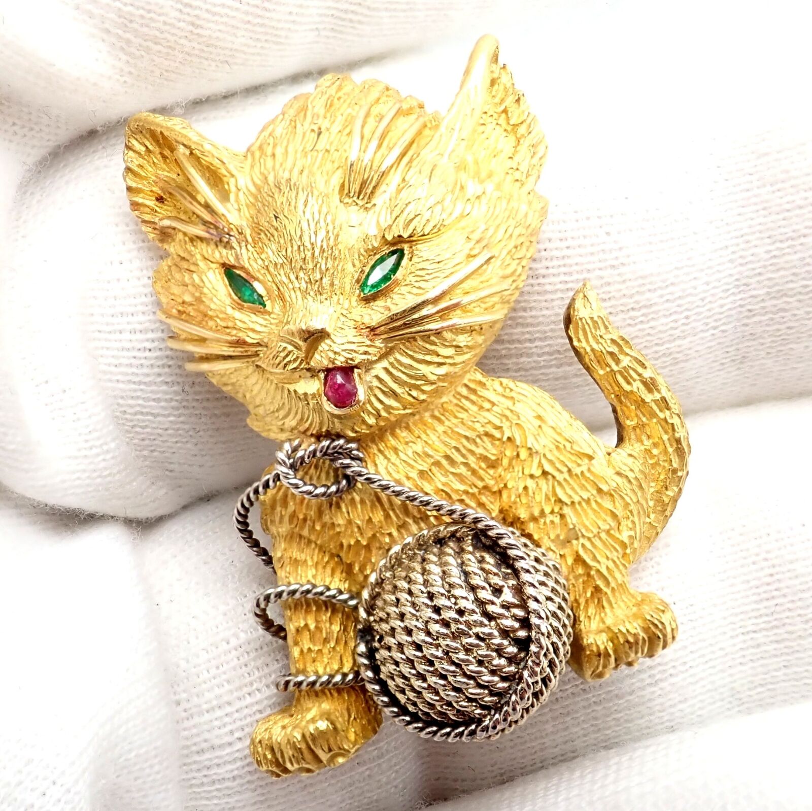 Vintage! Tiffany & Co. France 20k Yellow Gold Ruby Emerald Cat Yarn Pin Brooch | Fortrove