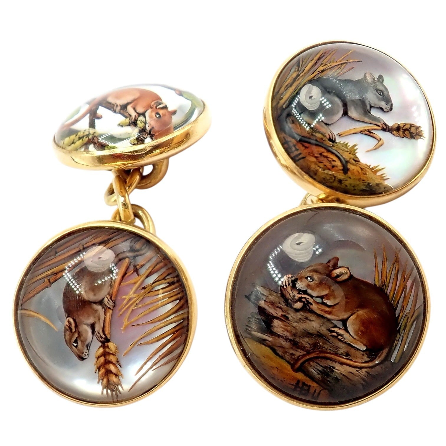 Vintage! Tiffany 18k Yellow Gold Essex Reverse Intaglio Field Mice Cufflinks | Fortrove