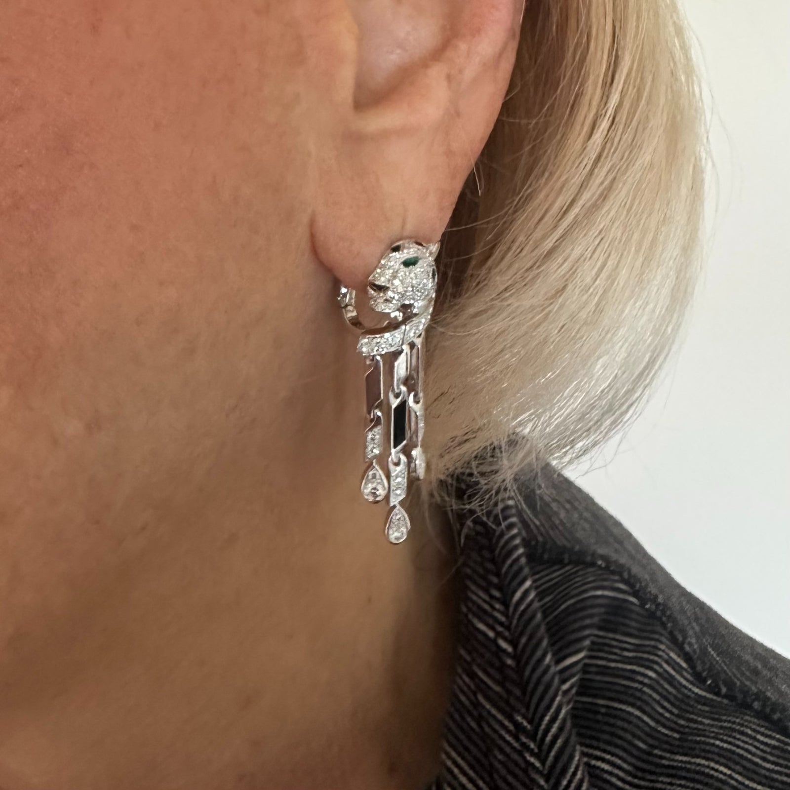 Authentic! Cartier Panthere Panther 18k White Gold Diamond Black Onyx Earrings | Fortrove