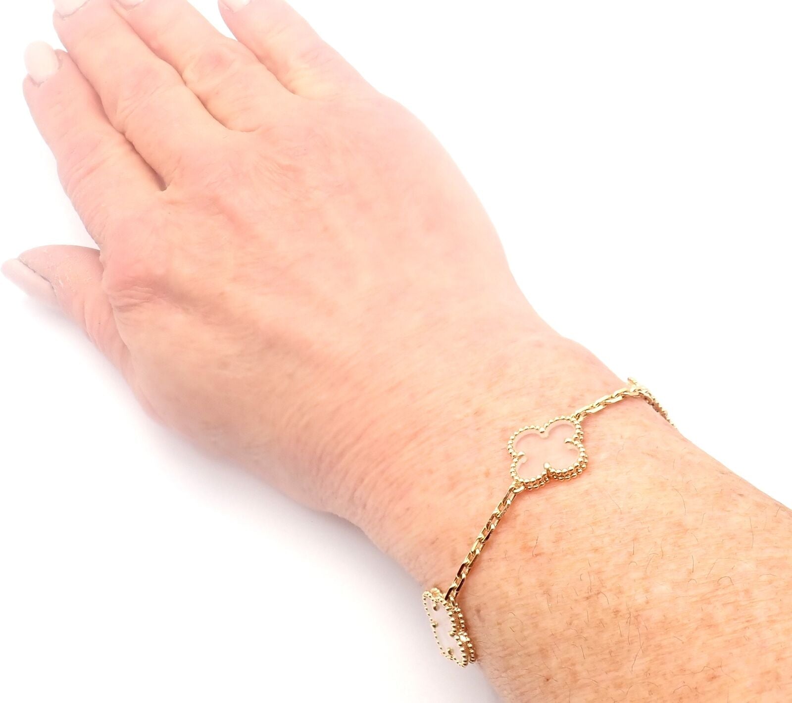 Van Cleef & Arpels 18k Yellow Gold 5 Motif Alhambra Rock Crystal Bracelet Cert | Fortrove