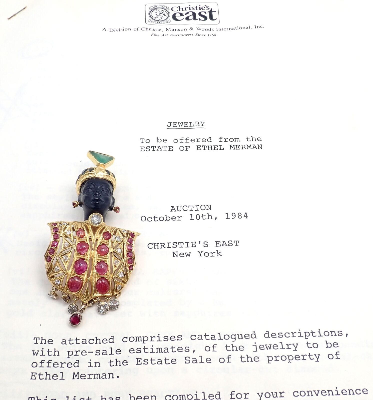 Rare! Ethel Merman Estate 18k Yellow Gold Large Blackamoor Diamond Ruby Brooch | Fortrove