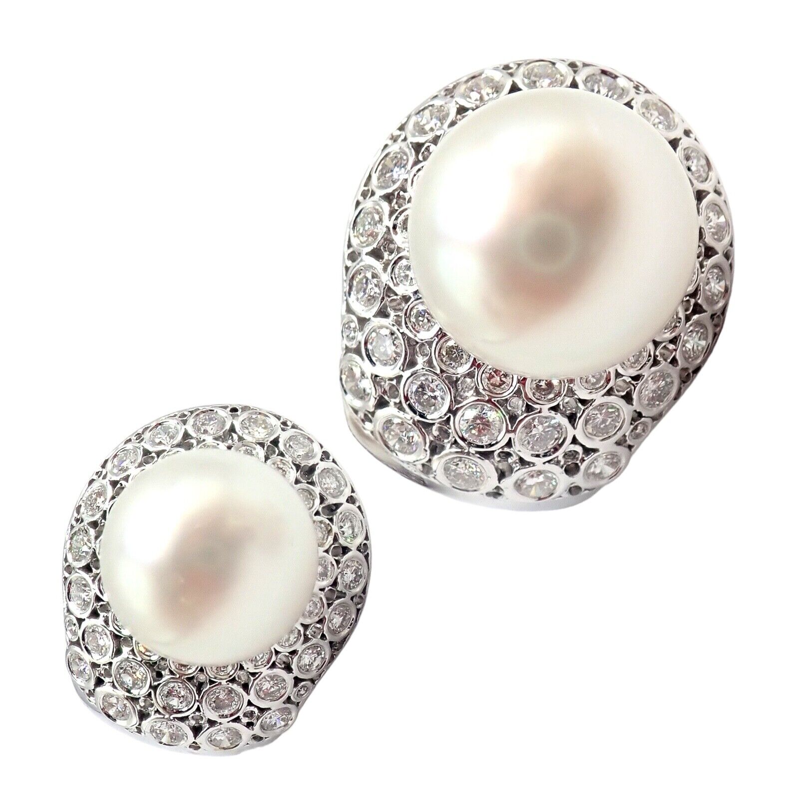 Vintage Estate 18k White Gold Diamond 13mm Pearl Earrings | Fortrove