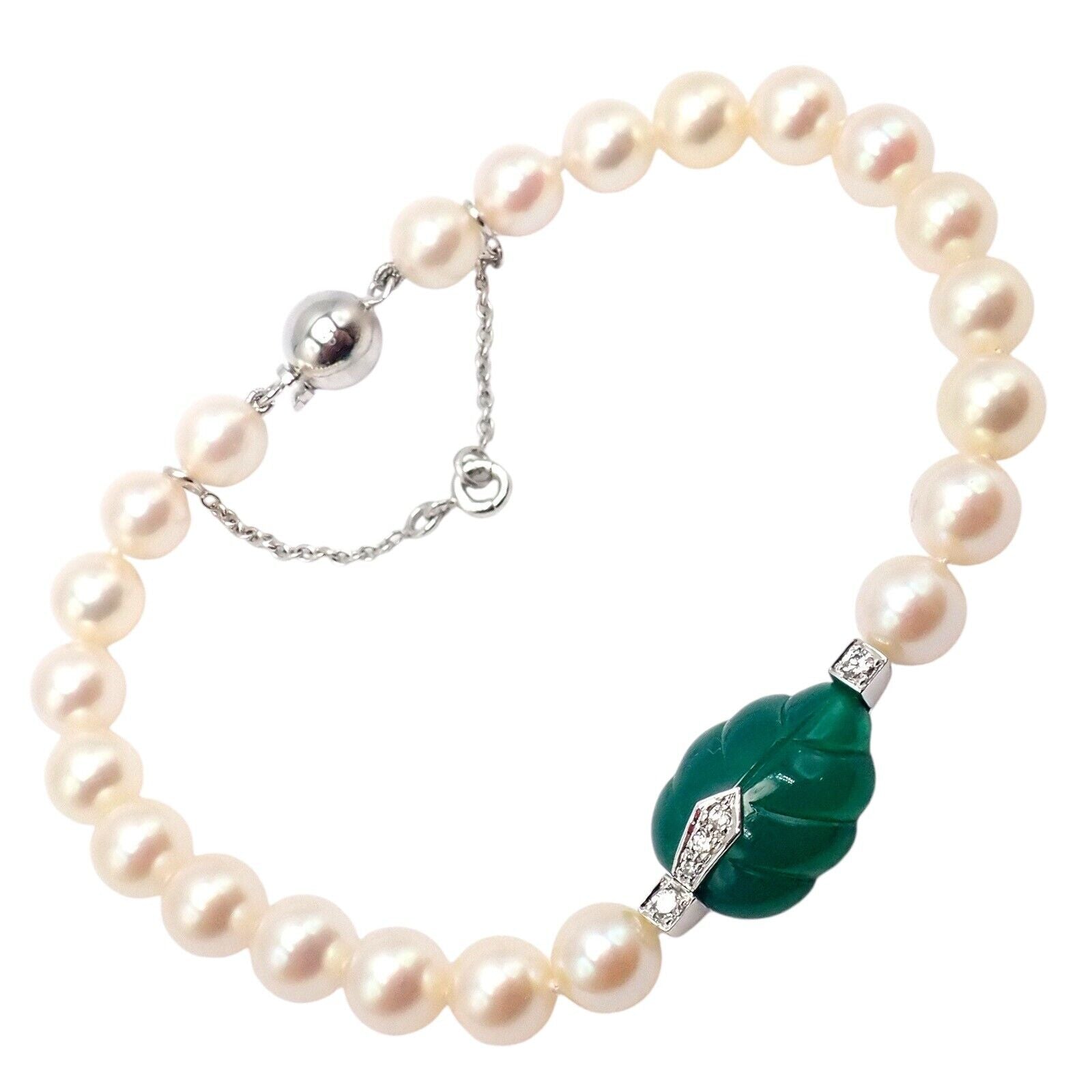Authentic! Cartier 18k White Gold 7mm Pearl Diamond Chalcedony Patiala Bracelet | Fortrove