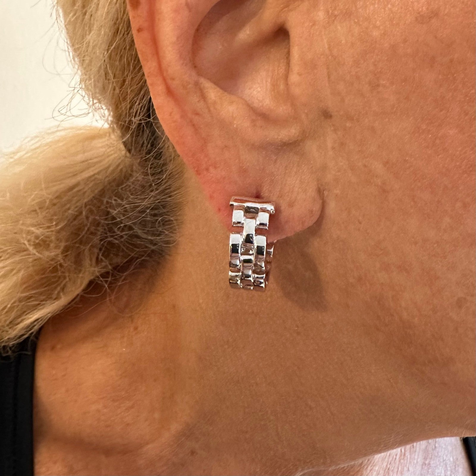 Authentic! Cartier Maillon Panthere 18K White Gold Three Row Link Hoop Earrings | Fortrove