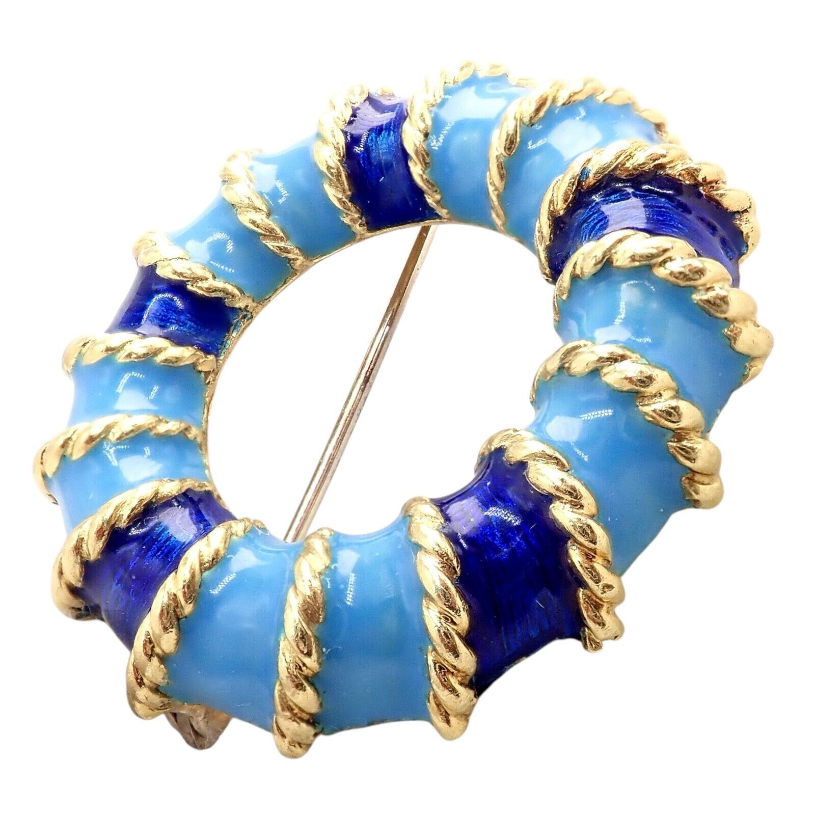 Rare! Vintage Tiffany & Co 18k Yellow Gold Blue Enamel Circle Rope Brooch Pin | Fortrove