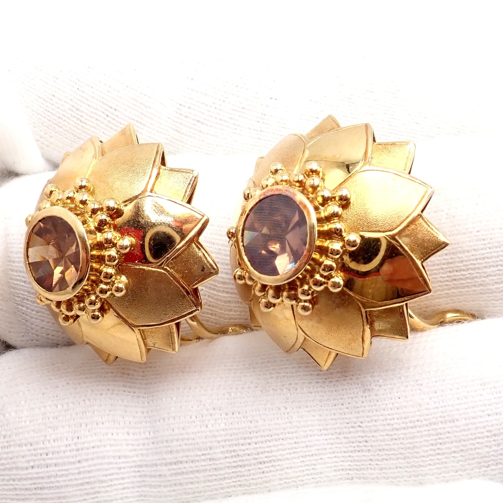 Rare! Vintage Paula Crevoshay 18k Gold Brown Zircon Round Flower Earrings OOAK | Fortrove