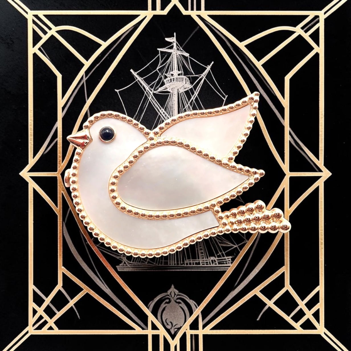 Van Cleef & Arpels Lucky Animals Dove 18k Rose Gold MOP Onyx Brooch Cert. | Fortrove