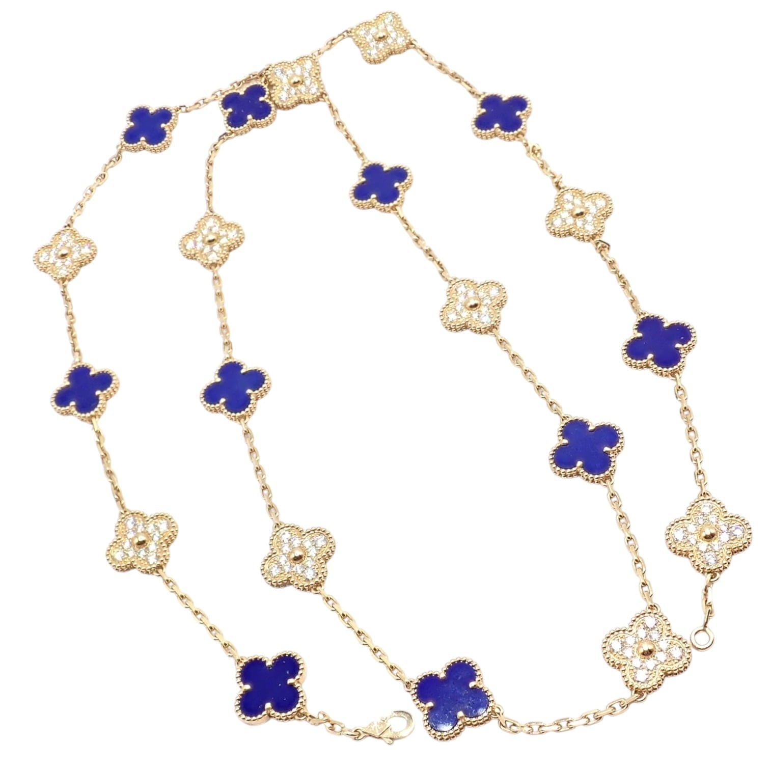 Van Cleef & Arpels 18k Yellow Gold 20 Motif Alhambra Diamond Lapis Necklace | Fortrove