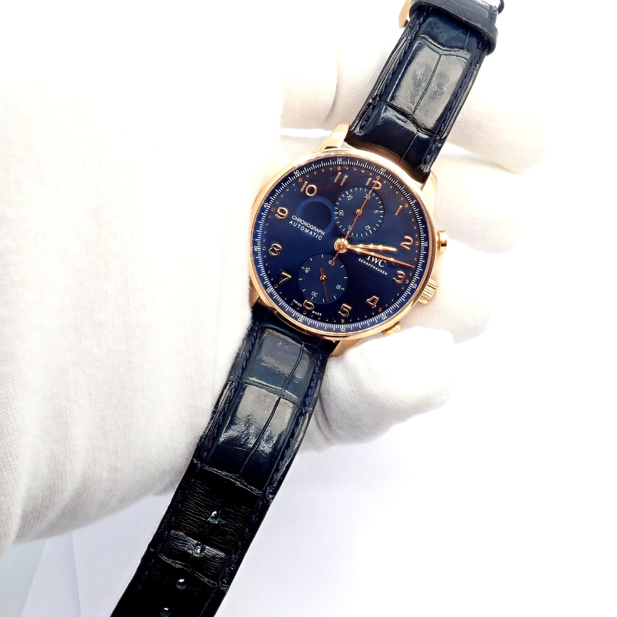 IWC Jewelry & Watches:Watches, Parts & Accessories:Watches:Wristwatches IWC 18k Rose Gold Portugieser Chronograph Navy Blue Skeleton Back Watch IW371614