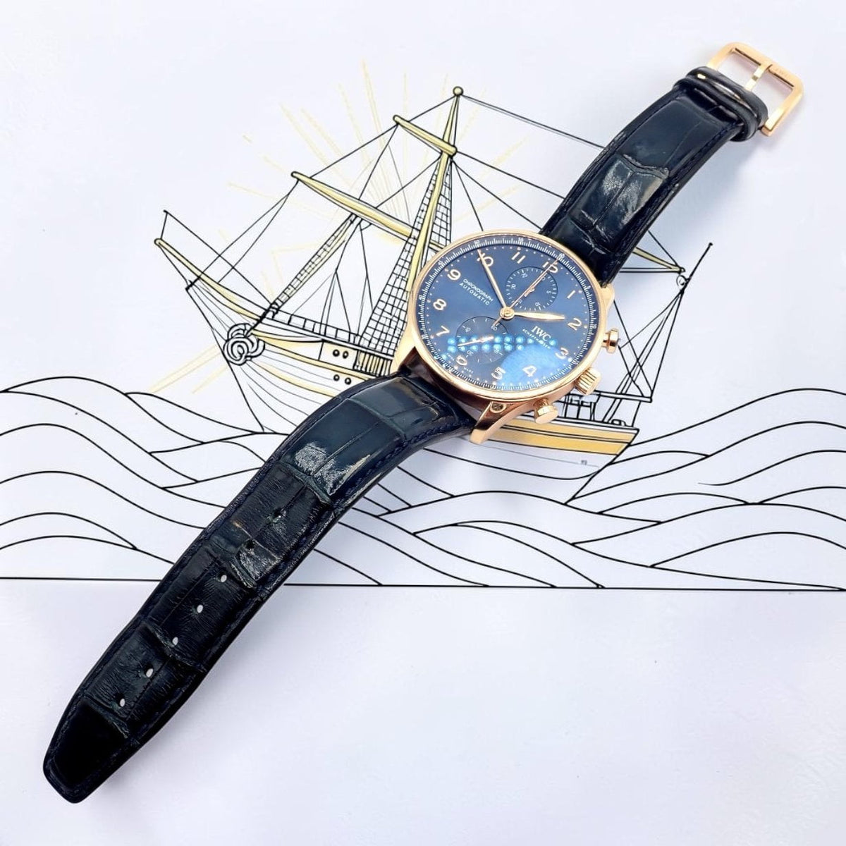 IWC Jewelry & Watches:Watches, Parts & Accessories:Watches:Wristwatches IWC 18k Rose Gold Portugieser Chronograph Navy Blue Skeleton Back Watch IW371614