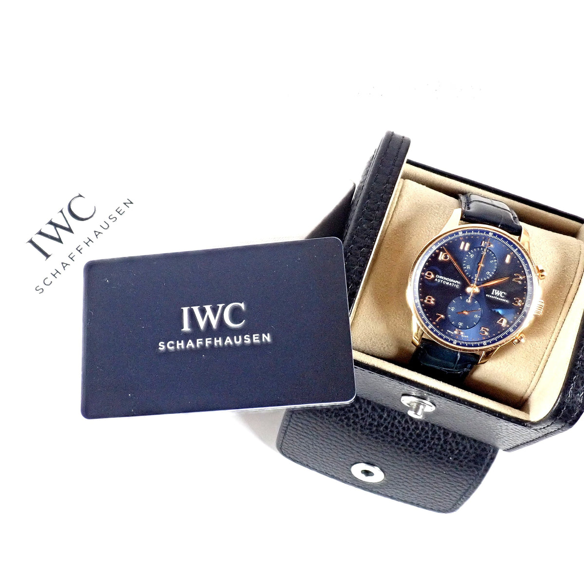 IWC Jewelry & Watches:Watches, Parts & Accessories:Watches:Wristwatches IWC 18k Rose Gold Portugieser Chronograph Navy Blue Skeleton Back Watch IW371614