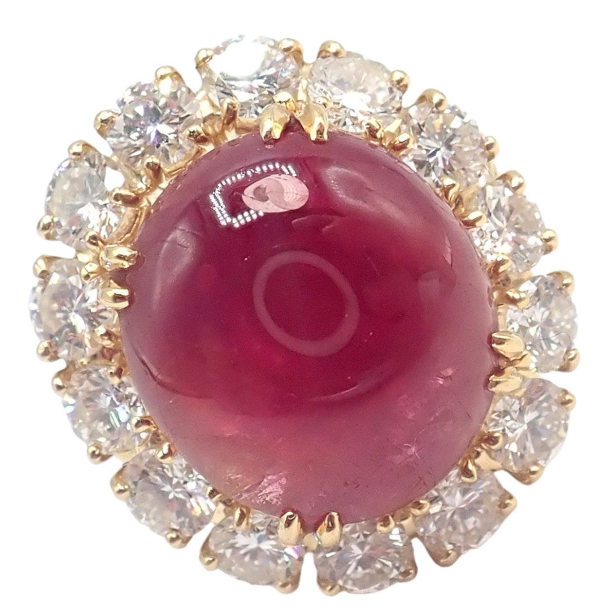 Authentic! Van Cleef & Arpels 18k Yellow Gold Large Cabochon Ruby Diamond Ring | Fortrove