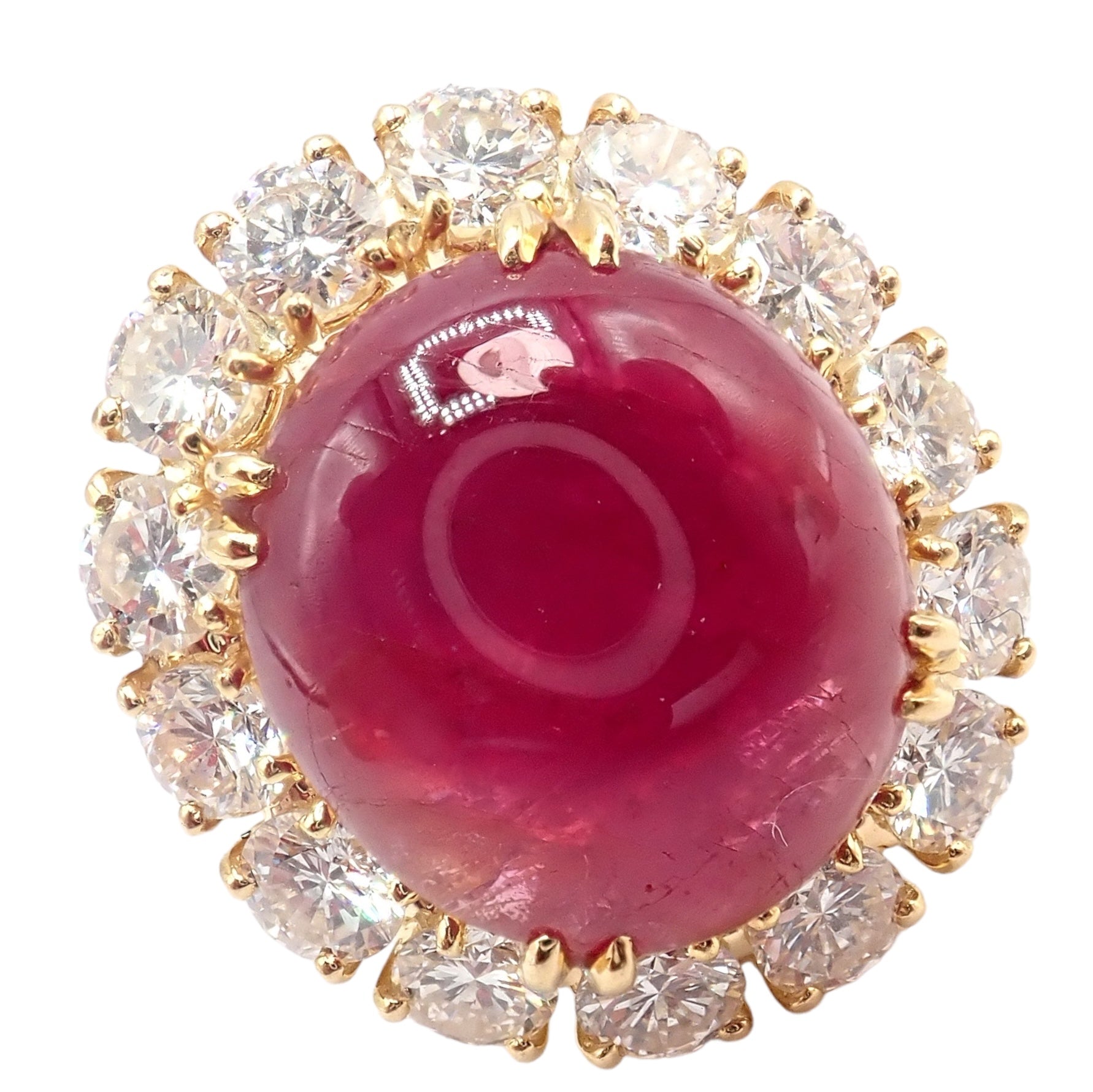 Authentic! Van Cleef & Arpels 18k Yellow Gold Large Cabochon Ruby Diamond Ring | Fortrove