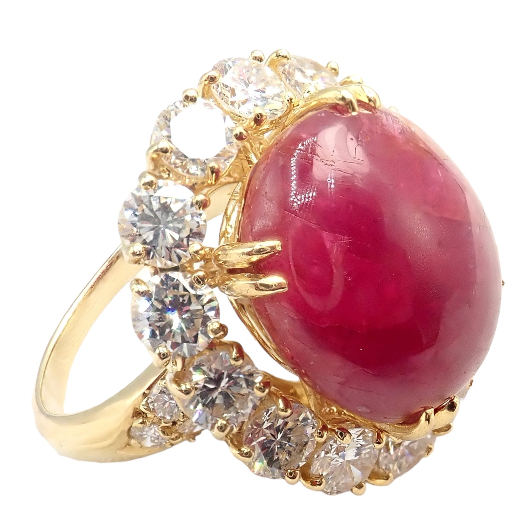 Authentic! Van Cleef & Arpels 18k Yellow Gold Large Cabochon Ruby Diamond Ring | Fortrove