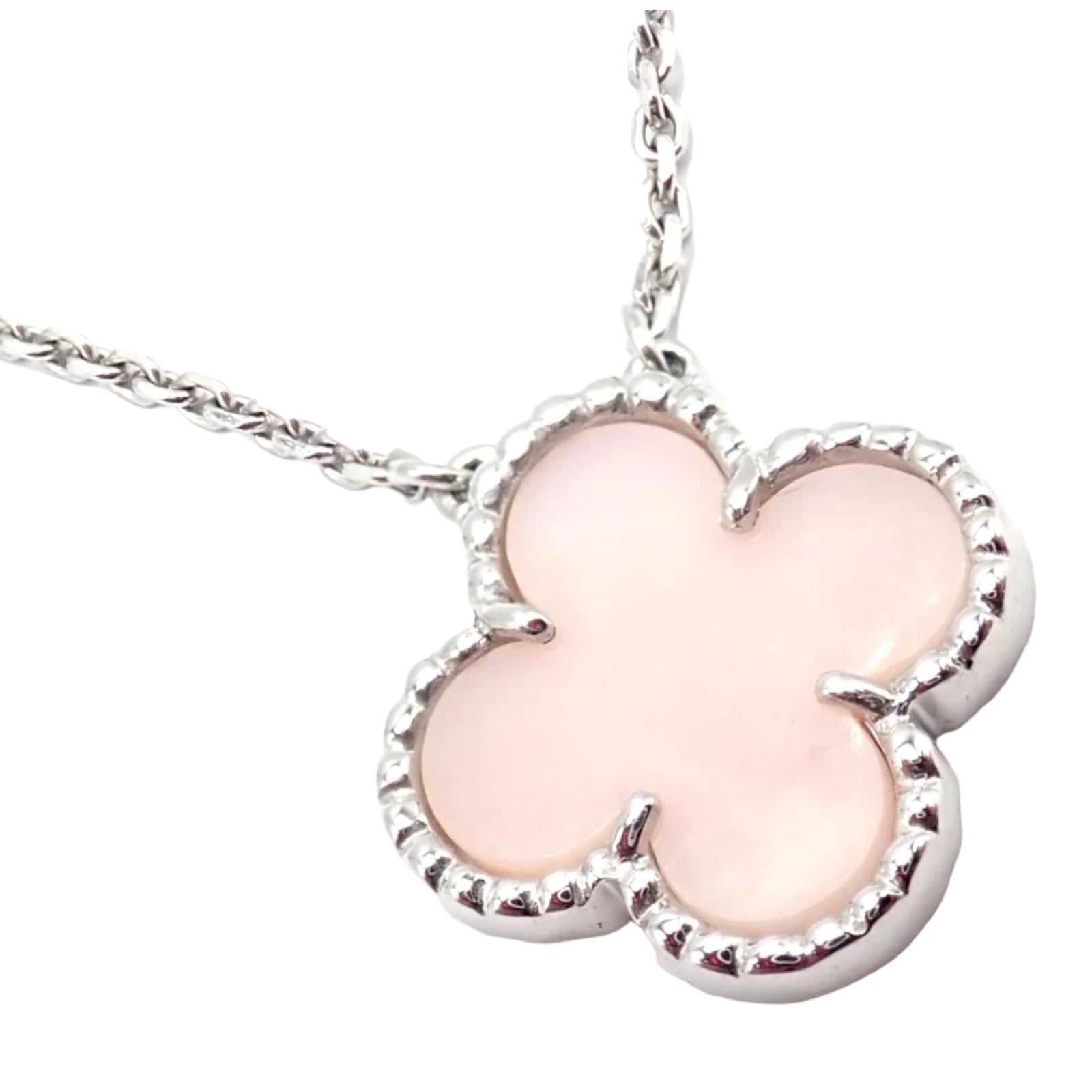 Authentic! Van Cleef & Arpels Alhambra 18k White Gold Pink Opal Pendant Necklace | Fortrove