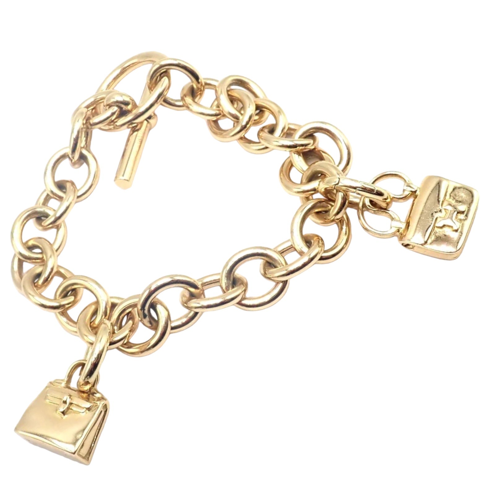 Authentic! Hermes 18k Yellow Gold Heavy Link Toggle With Two Charms Bracelet | Fortrove