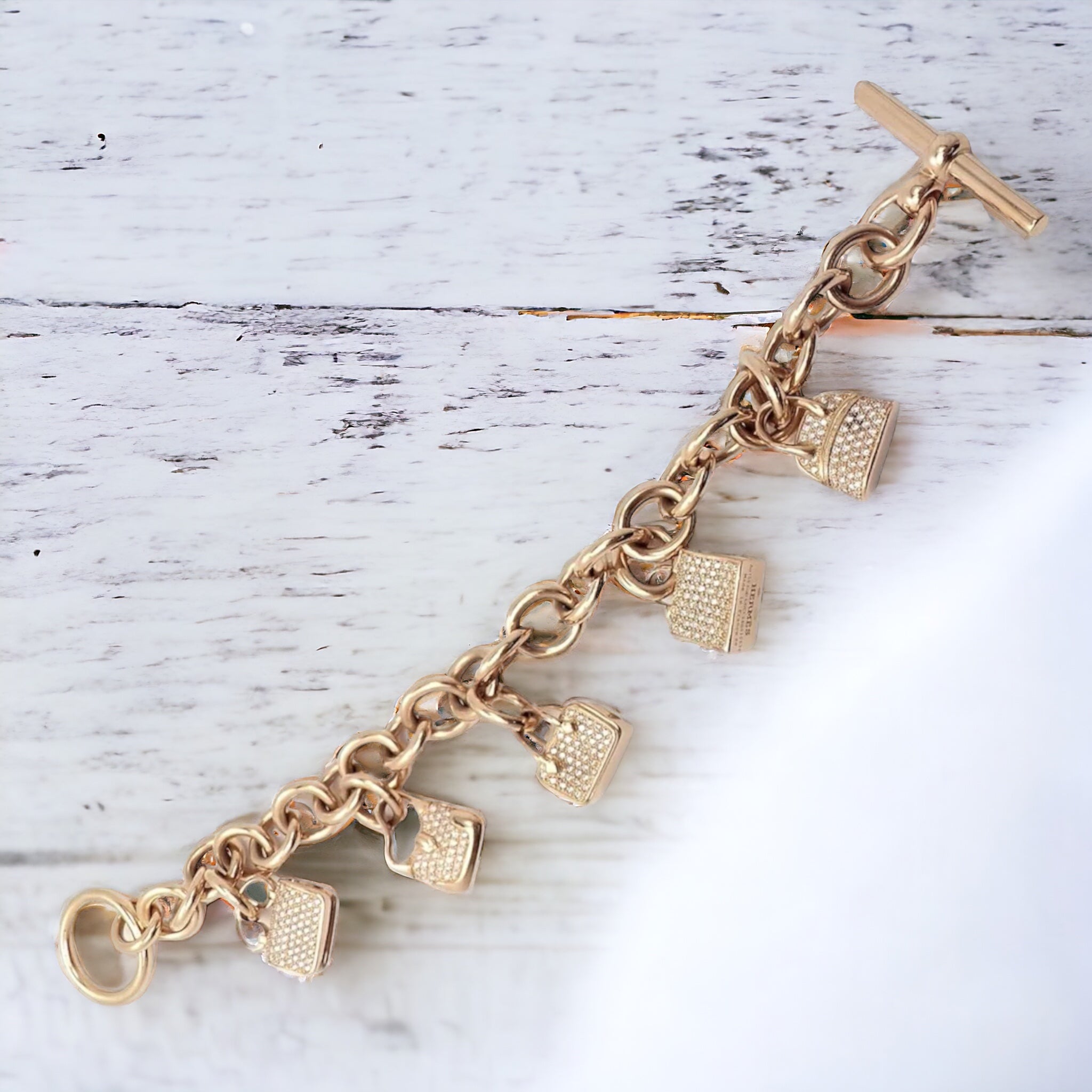 Authentic! Hermes 18k Rose Gold Diamond Signature Iconic Bag Charm Link Bracelet | Fortrove