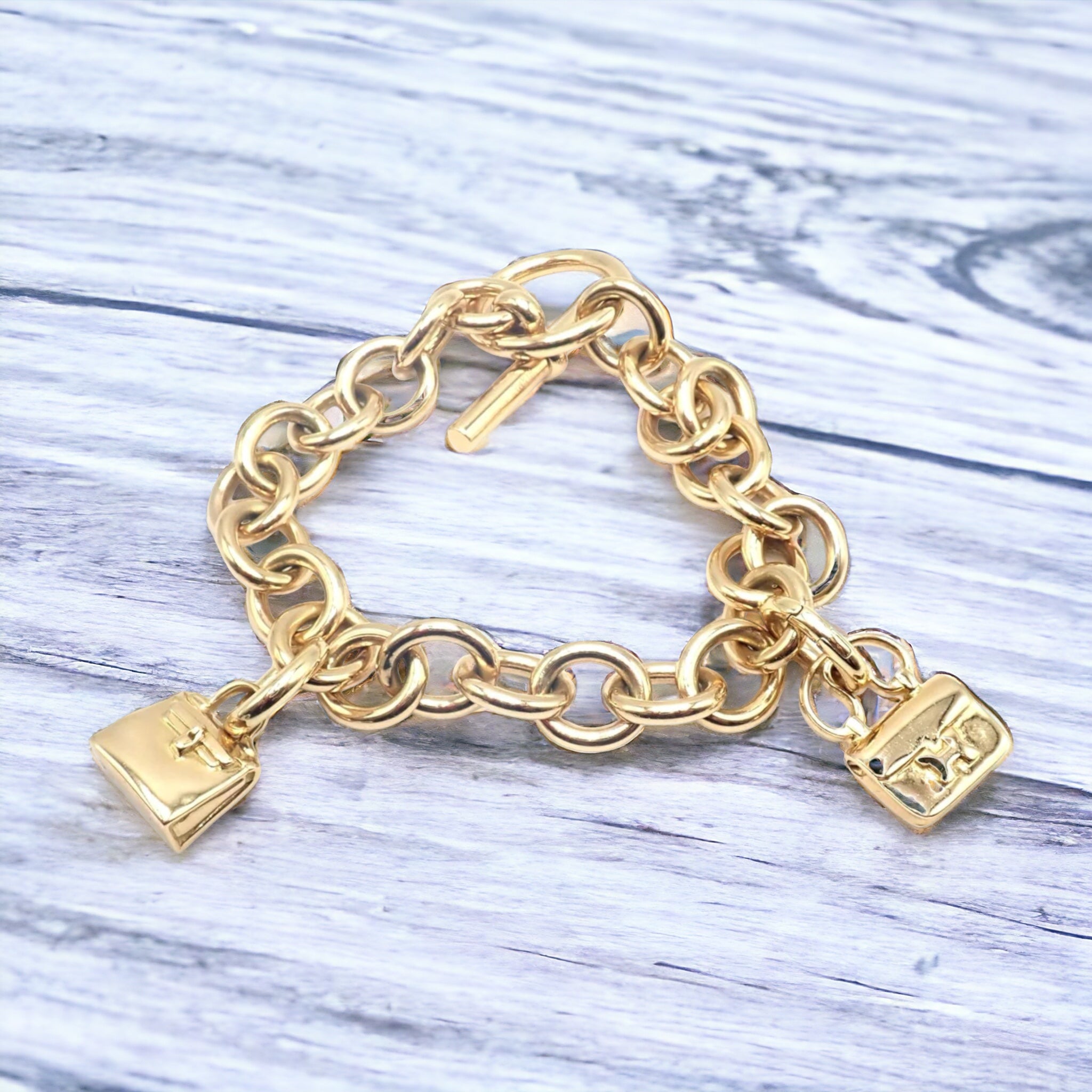 Hermes Jewelry & Watches:Fine Jewelry:Bracelets & Charms Authentic! Hermes 18k Yellow Gold Heavy Link Toggle With Two Charms Bracelet