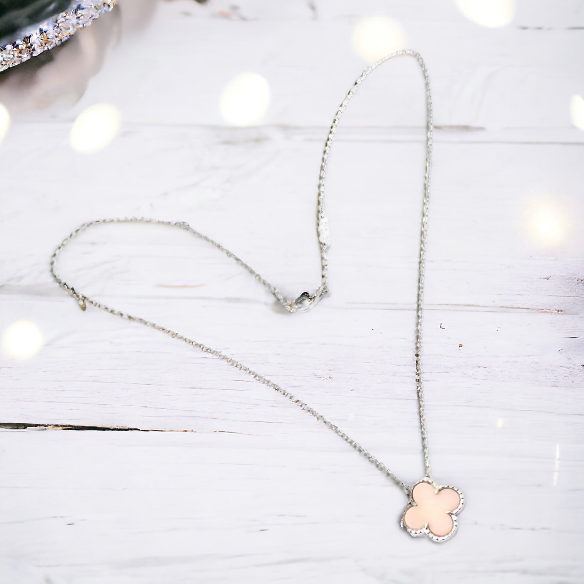 Authentic! Van Cleef & Arpels Alhambra 18k White Gold Pink Opal Pendant Necklace | Fortrove