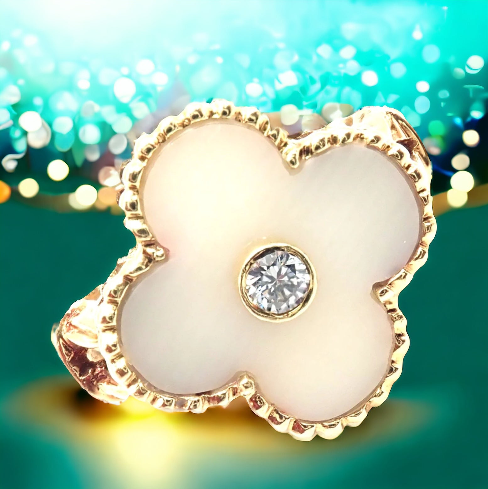 Van Cleef & Arpels Vintage Alhambra 18k Yellow Gold Diamond White Coral Ring | Fortrove