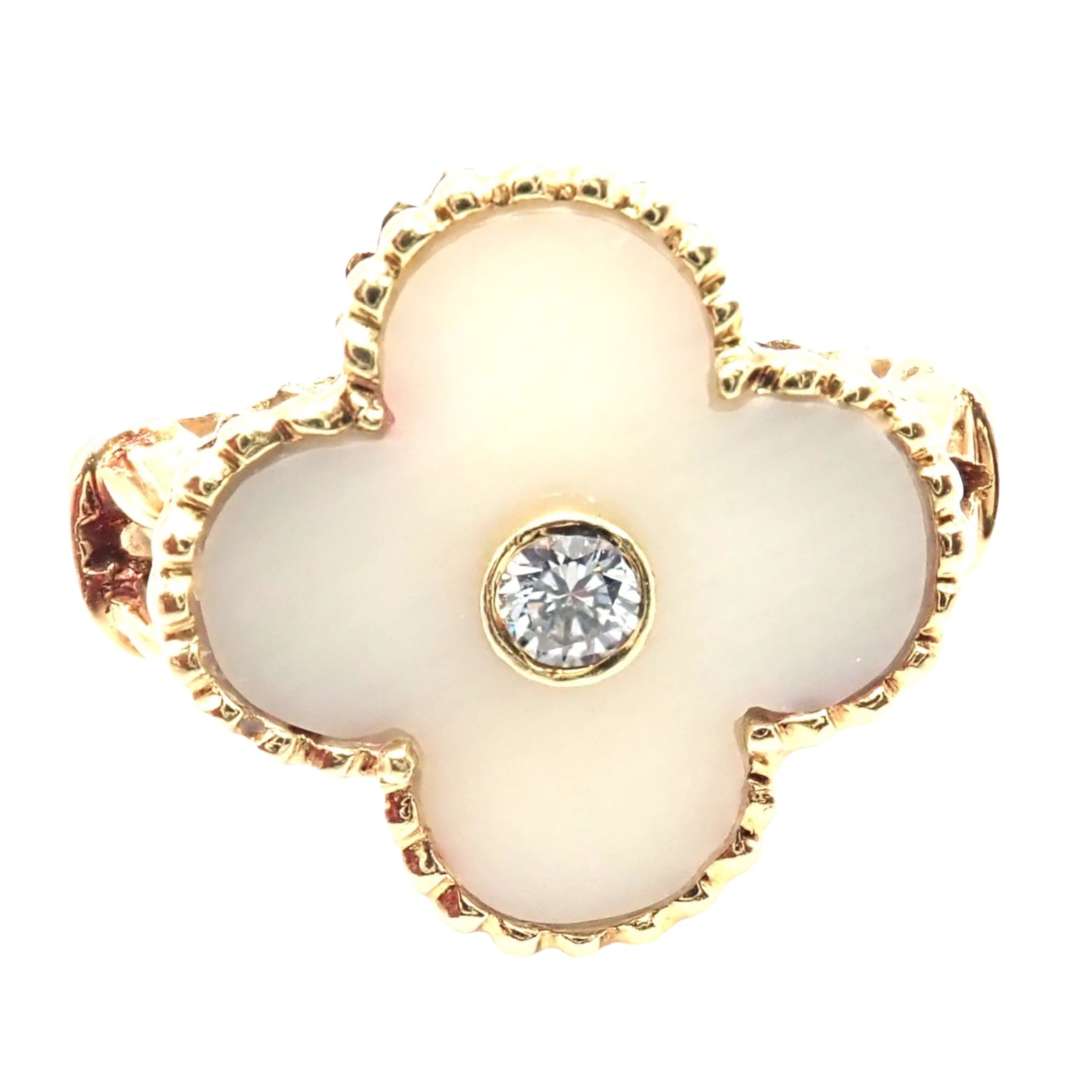 Van Cleef & Arpels Vintage Alhambra 18k Yellow Gold Diamond White Coral Ring | Fortrove