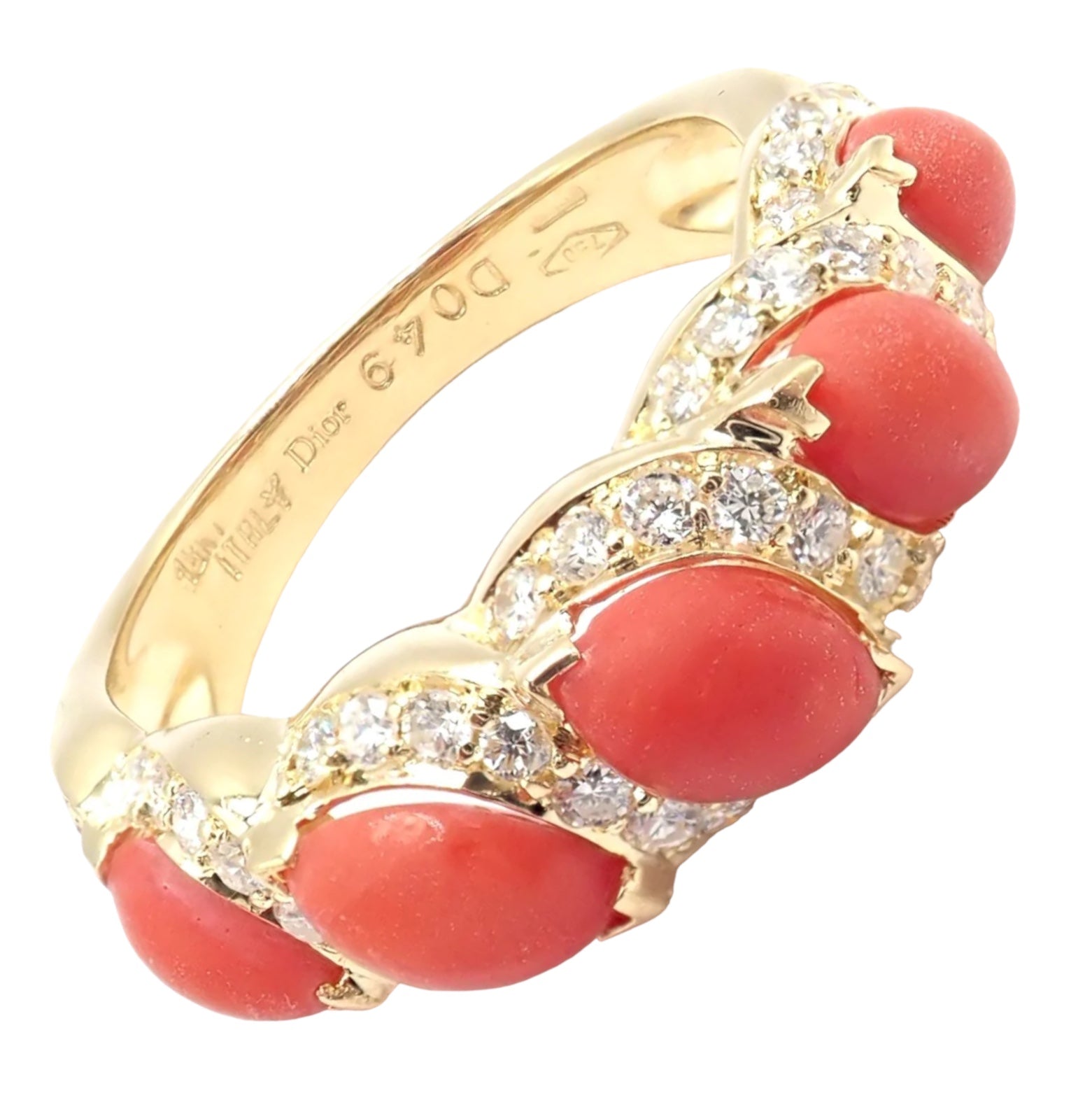 Rare! Authentic Christian Dior 18k Yellow Gold Diamond Coral Band Ring | Fortrove