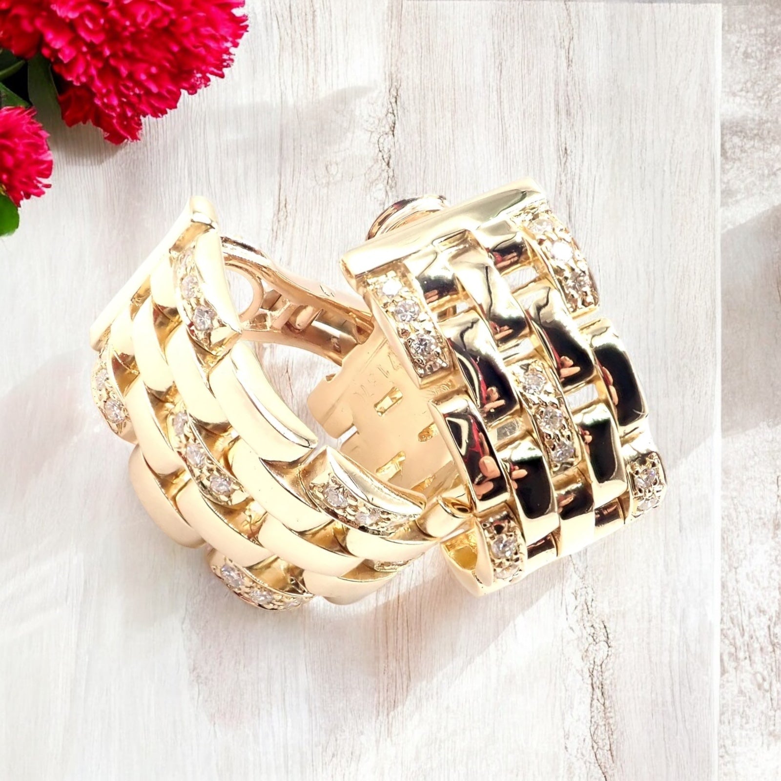 Authentic Cartier Maillon Panthere 18K Gold Diamond Five Row Link Gold Earrings | Fortrove