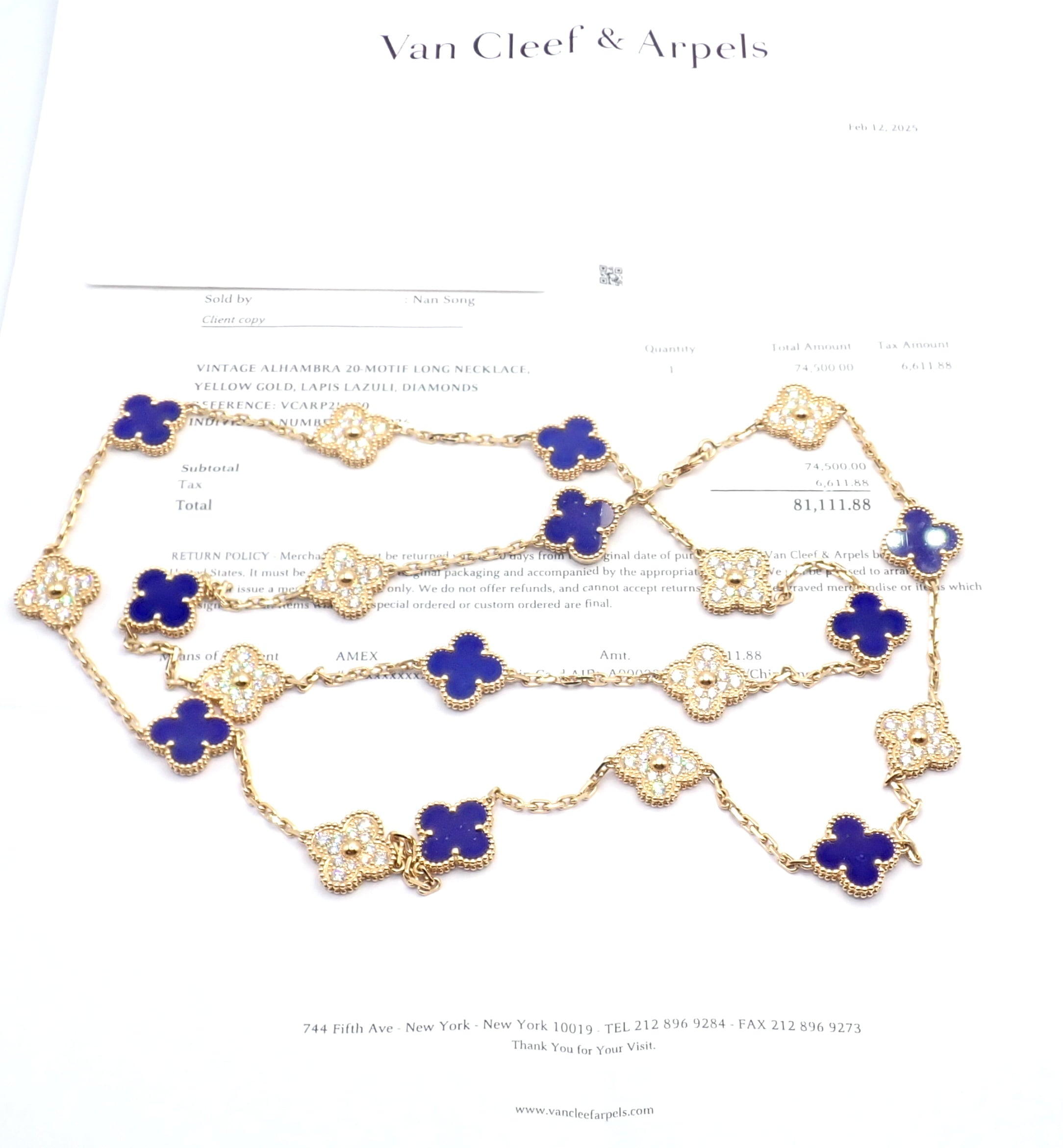 Van Cleef & Arpels Jewelry & Watches:Fine Jewelry:Necklaces & Pendants Van Cleef & Arpels 18k Yellow Gold 20 Motif Alhambra Diamond Lapis Necklace