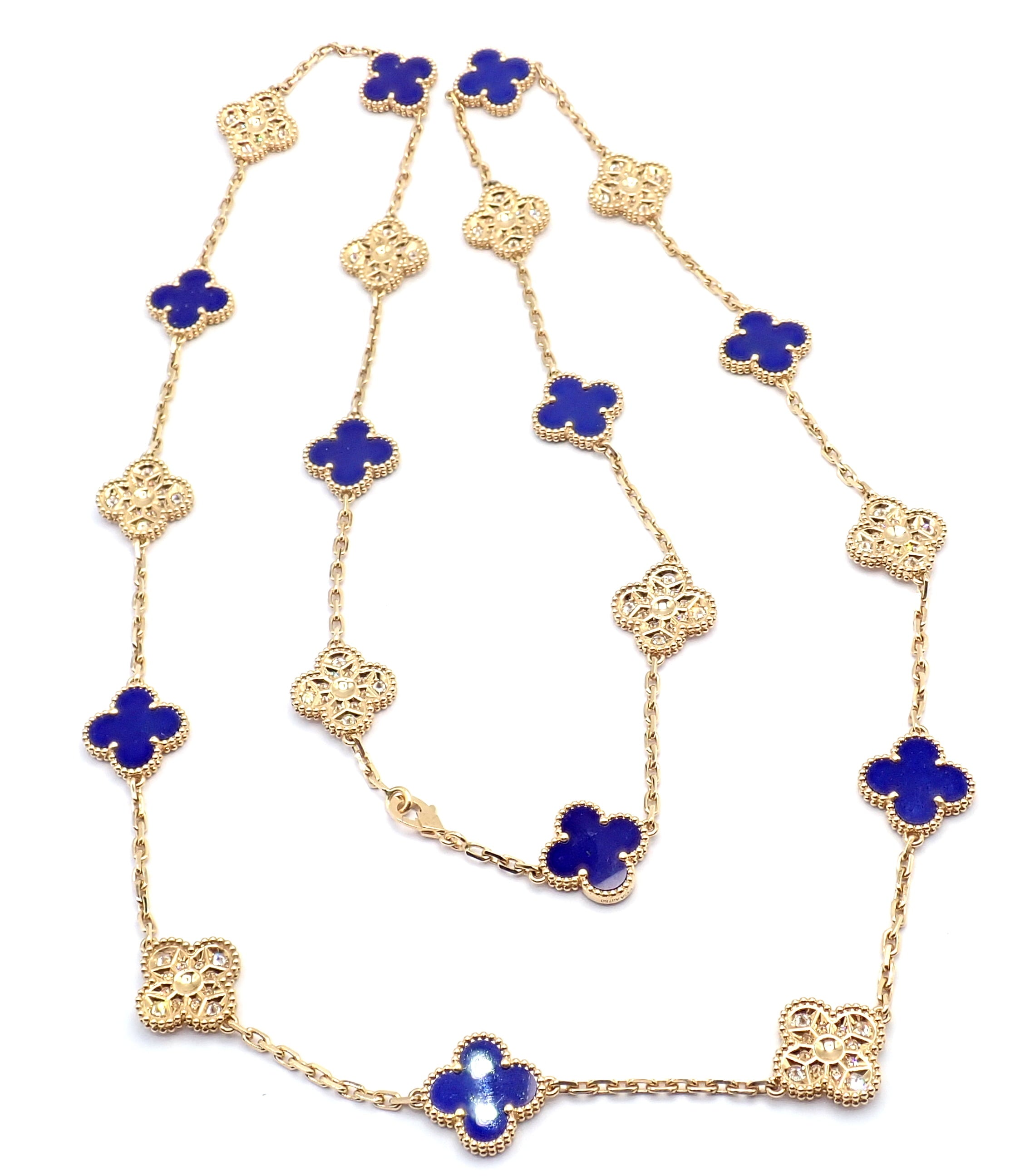 Van Cleef & Arpels Jewelry & Watches:Fine Jewelry:Necklaces & Pendants Van Cleef & Arpels 18k Yellow Gold 20 Motif Alhambra Diamond Lapis Necklace