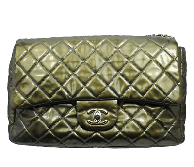 2008 Chanel Classic Jumbo Quilted Patent Leather Rare Olive Green Handbag Purse | Fortrove