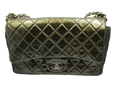 2008 Chanel Classic Jumbo Quilted Patent Leather Rare Olive Green Handbag Purse | Fortrove