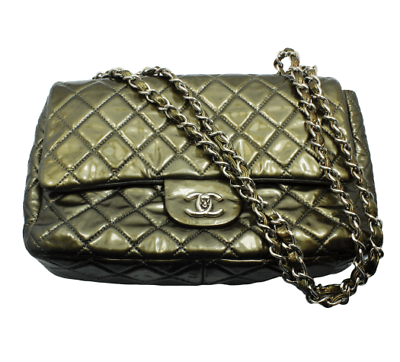 2008 Chanel Classic Jumbo Quilted Patent Leather Rare Olive Green Handbag Purse | Fortrove