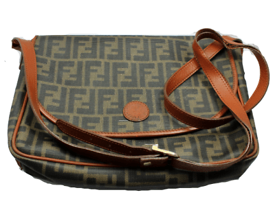 Authentic Fendi Brown Logo Leather Flap Mama Zucca Handbag Purse