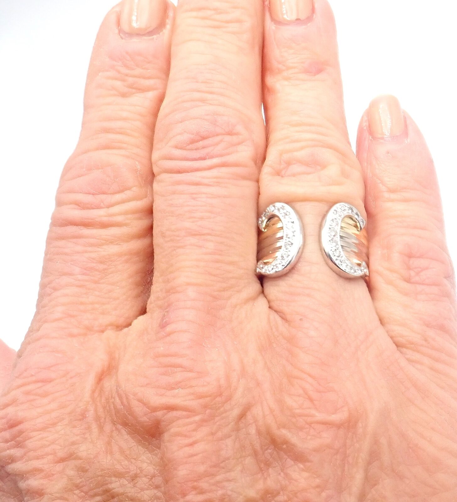 Authentic! Cartier Diamond Double C 18k Tri-Color Gold Band Ring Size 54 US 6.75 | Fortrove