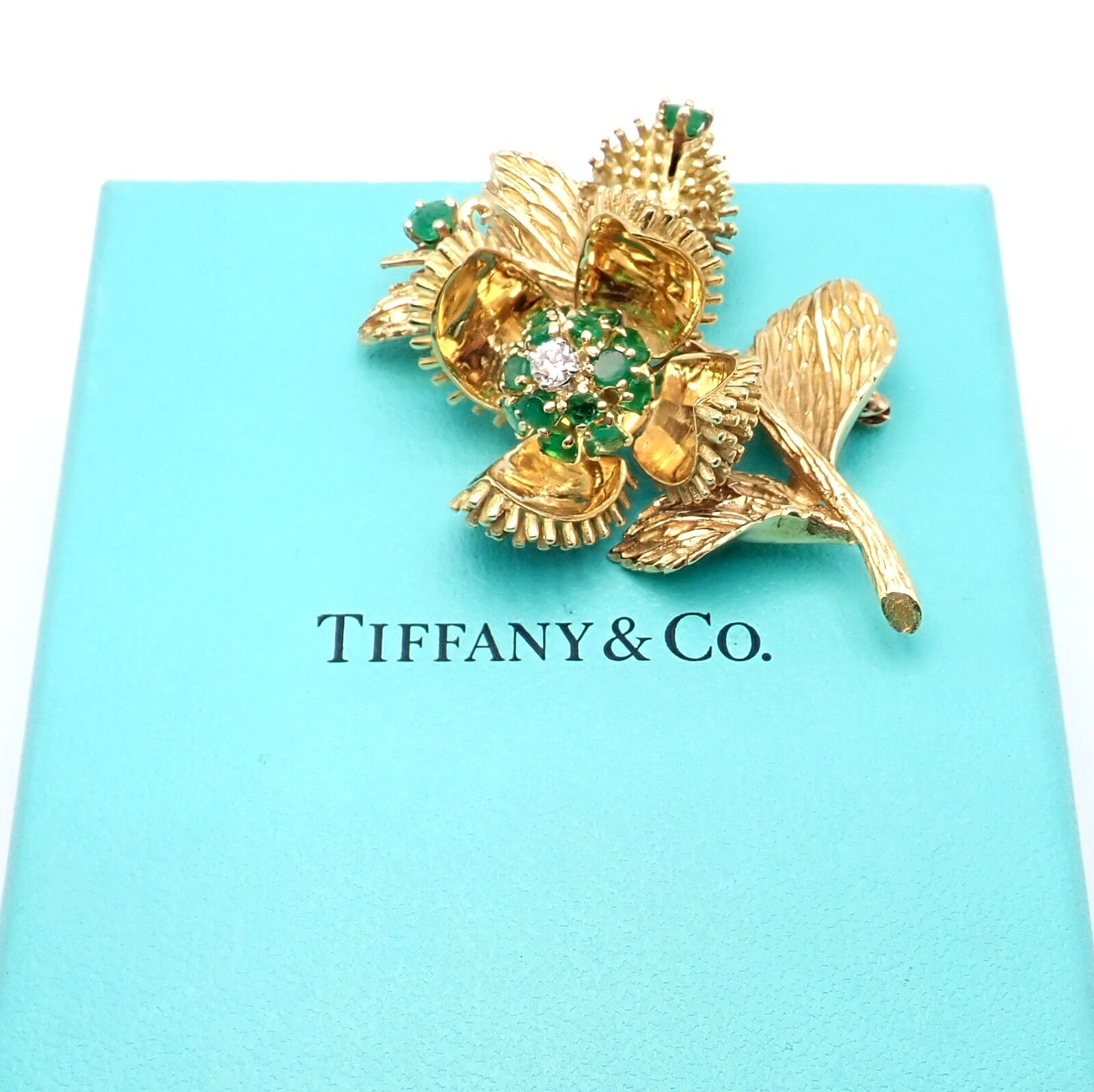 Rare! Tiffany & Co 18k Yellow Gold Diamond Emerald Flower Night & Day Brooch Pin | Fortrove