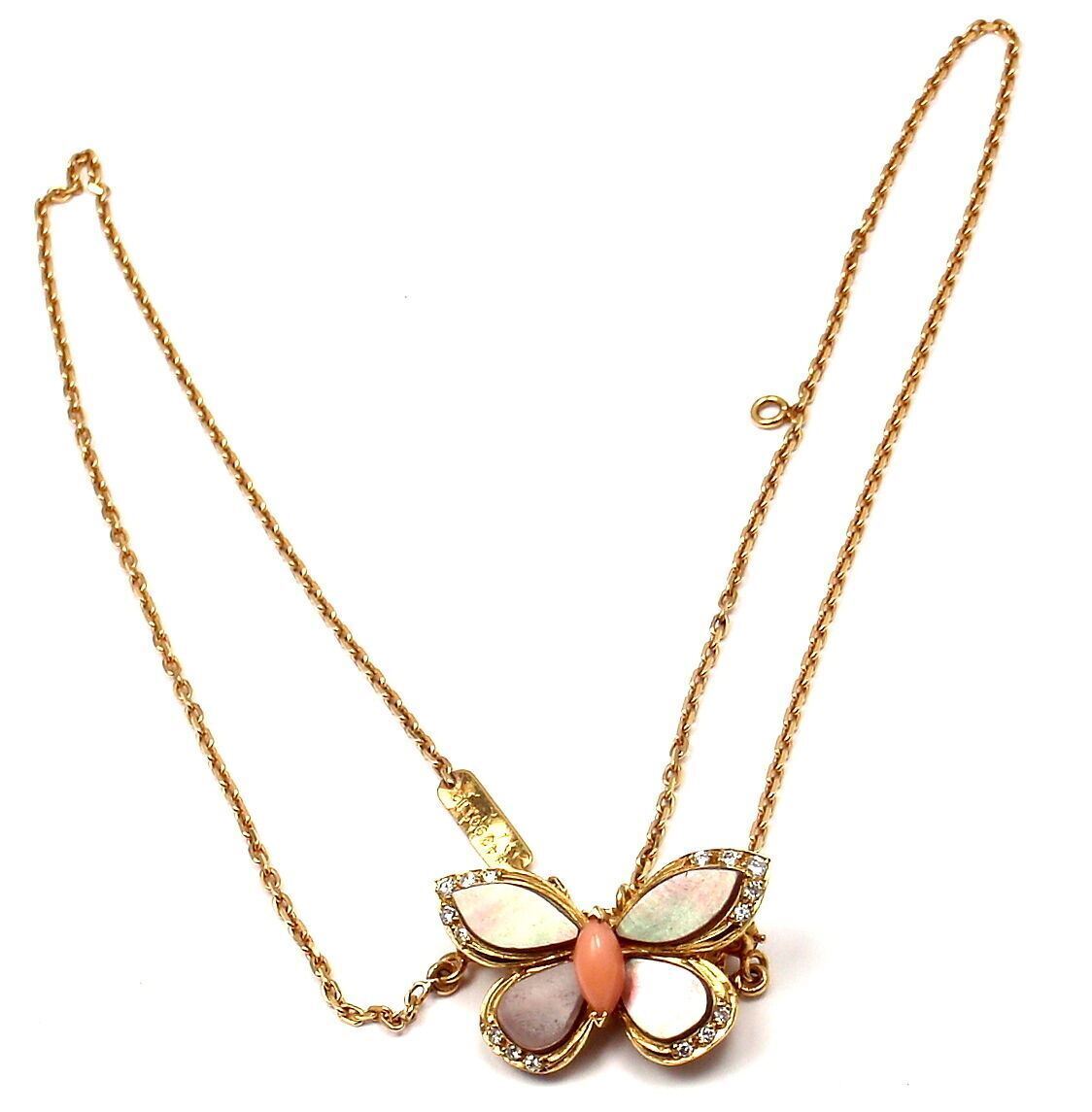 VAN CLEEF & ARPELS 18k Yellow Gold Diamond MOP Coral Butterfly Brooch Necklace | Fortrove