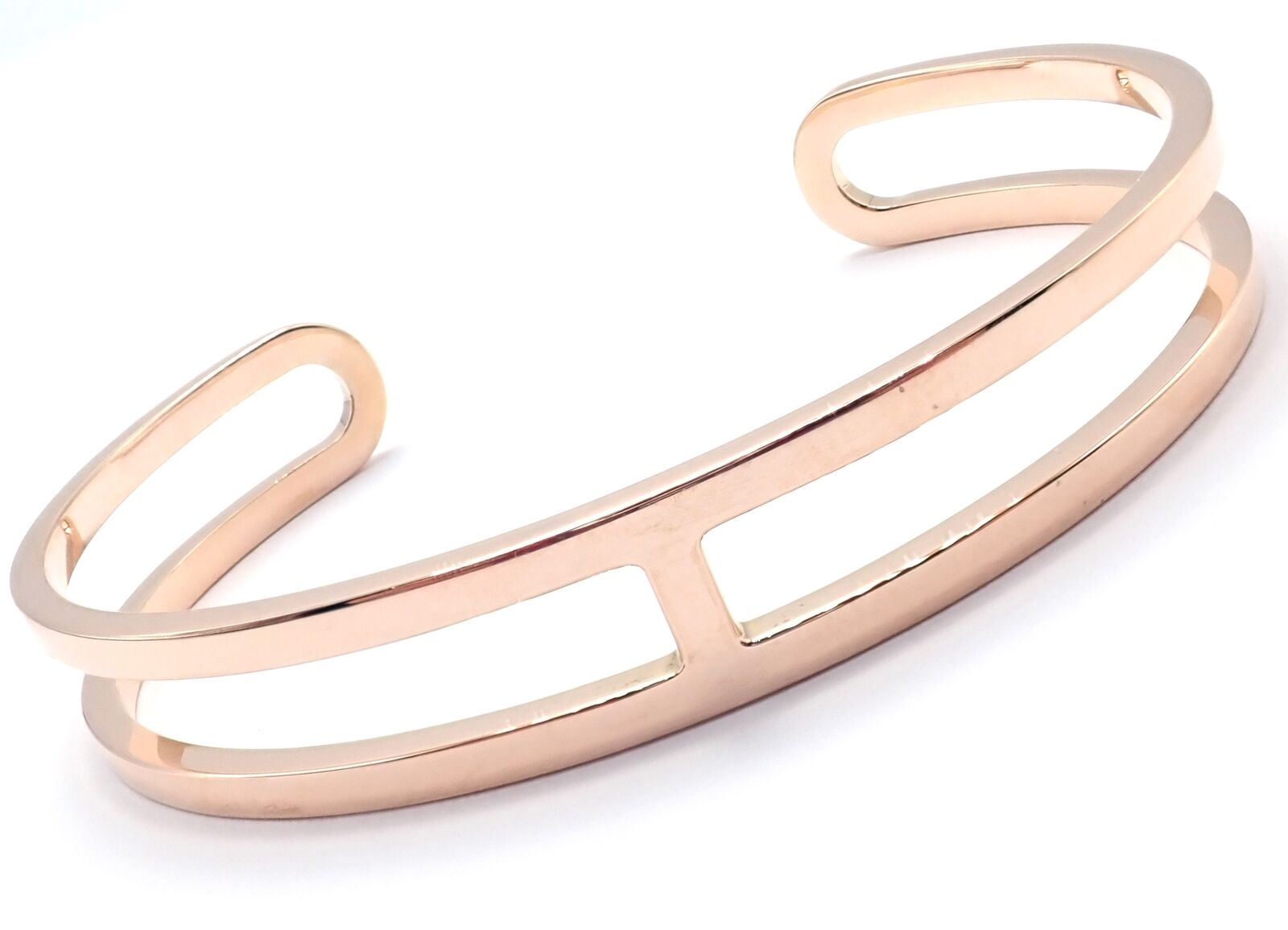 Authentic! Hermes 18k Rose Gold H Open Cuff Bangle Bracelet | Fortrove