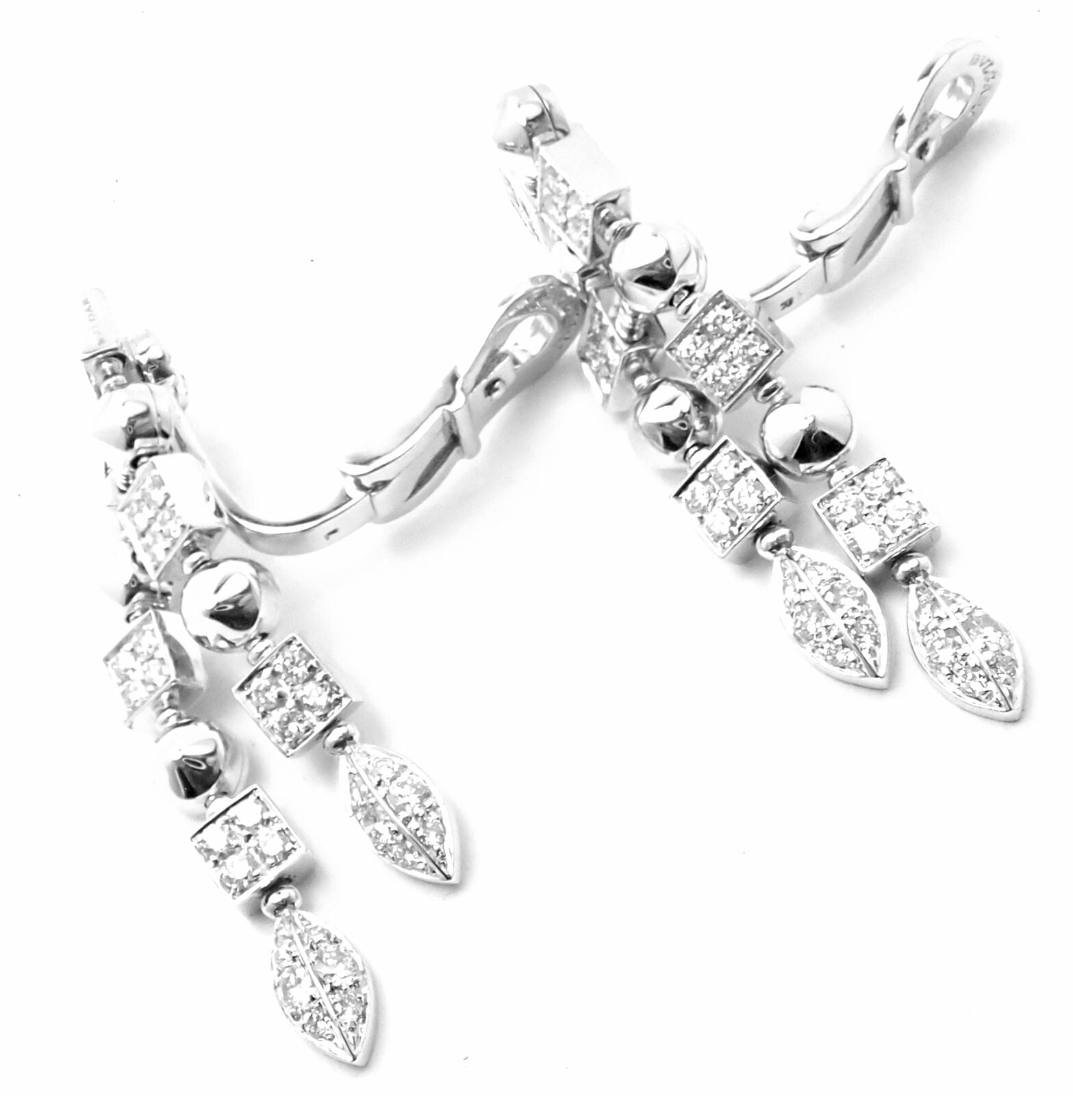 Authentic! Bulgari Bvlgari Lucea 18k White Gold Diamond Long Drop Earrings | Fortrove