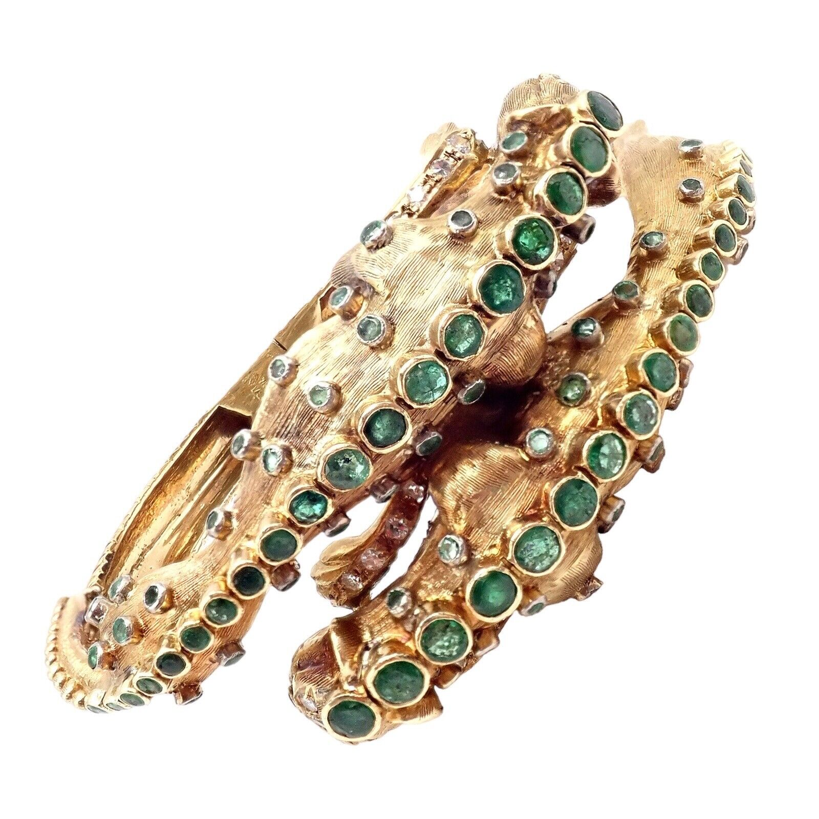Vintage! Ilias Lalaounis 18k Yellow Gold Emerald Diamond Lioness Bangle Bracelet | Fortrove