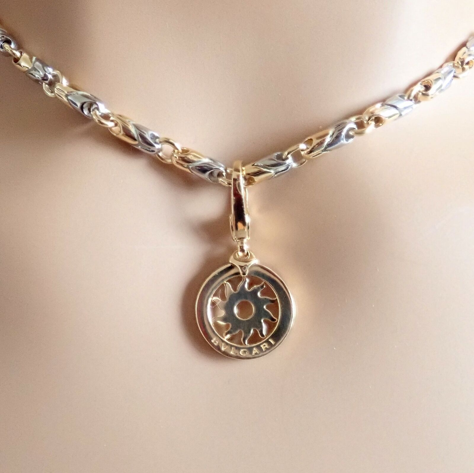 Authentic! Bulgari Tondo Sun 18k Yellow Gold Sun Pendant + 18k/SS Chain Necklace | Fortrove