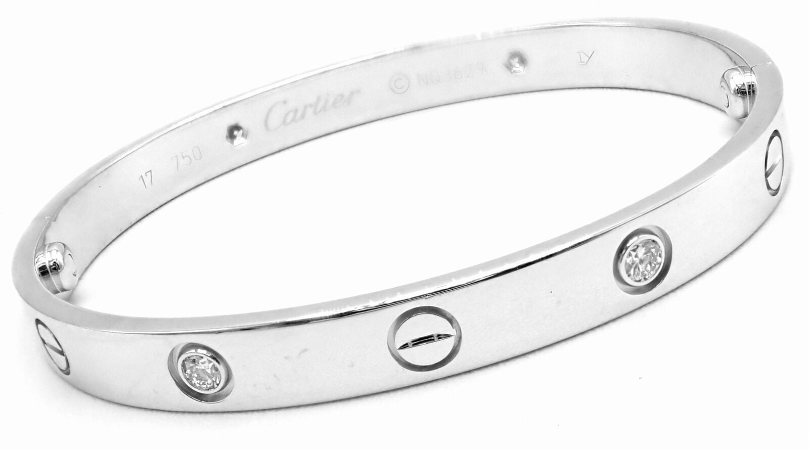 Cartier Jewelry & Watches:Fine Jewelry:Bracelets & Charms Authentic! Cartier 18k White Gold 4 Diamond Love Bangle Bracelet Size 17 Cert.