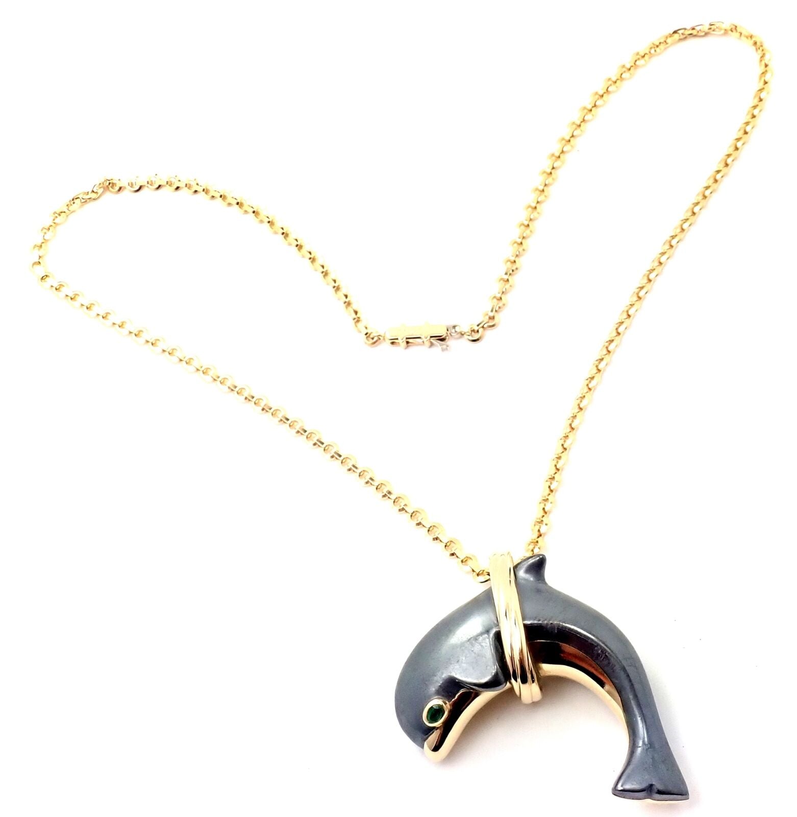 Rare! Authentic Cartier 18k Yellow Gold Hematite Dolphin Pendant Link Necklace | Fortrove