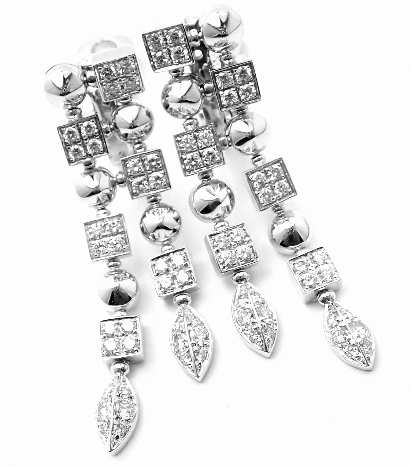 Authentic! Bulgari Bvlgari Lucea 18k White Gold Diamond Long Drop Earrings | Fortrove