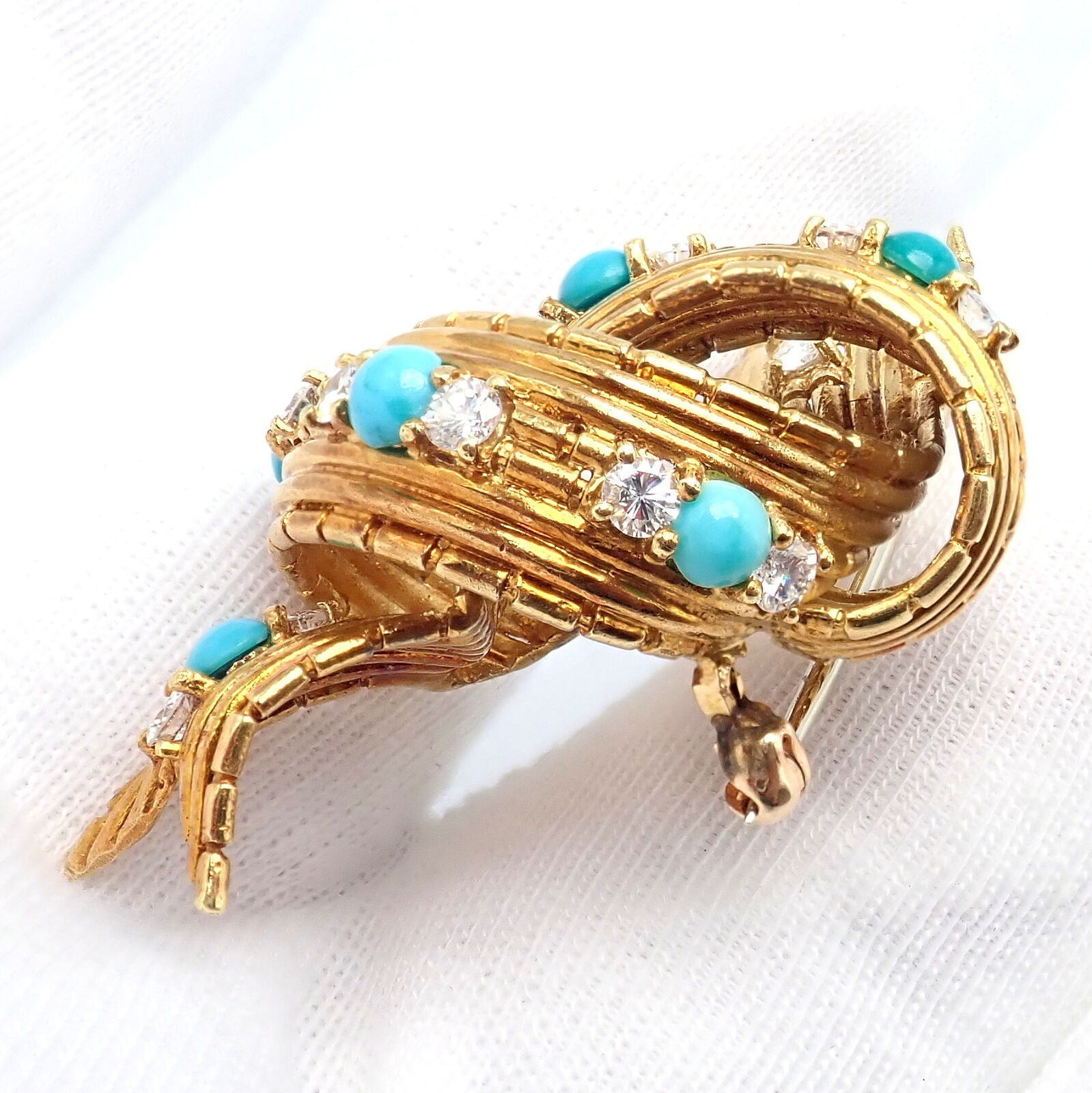 Vintage Tiffany & Co. 18k Yellow Gold Diamond Turquoise Bamboo Bow Pin Brooch | Fortrove