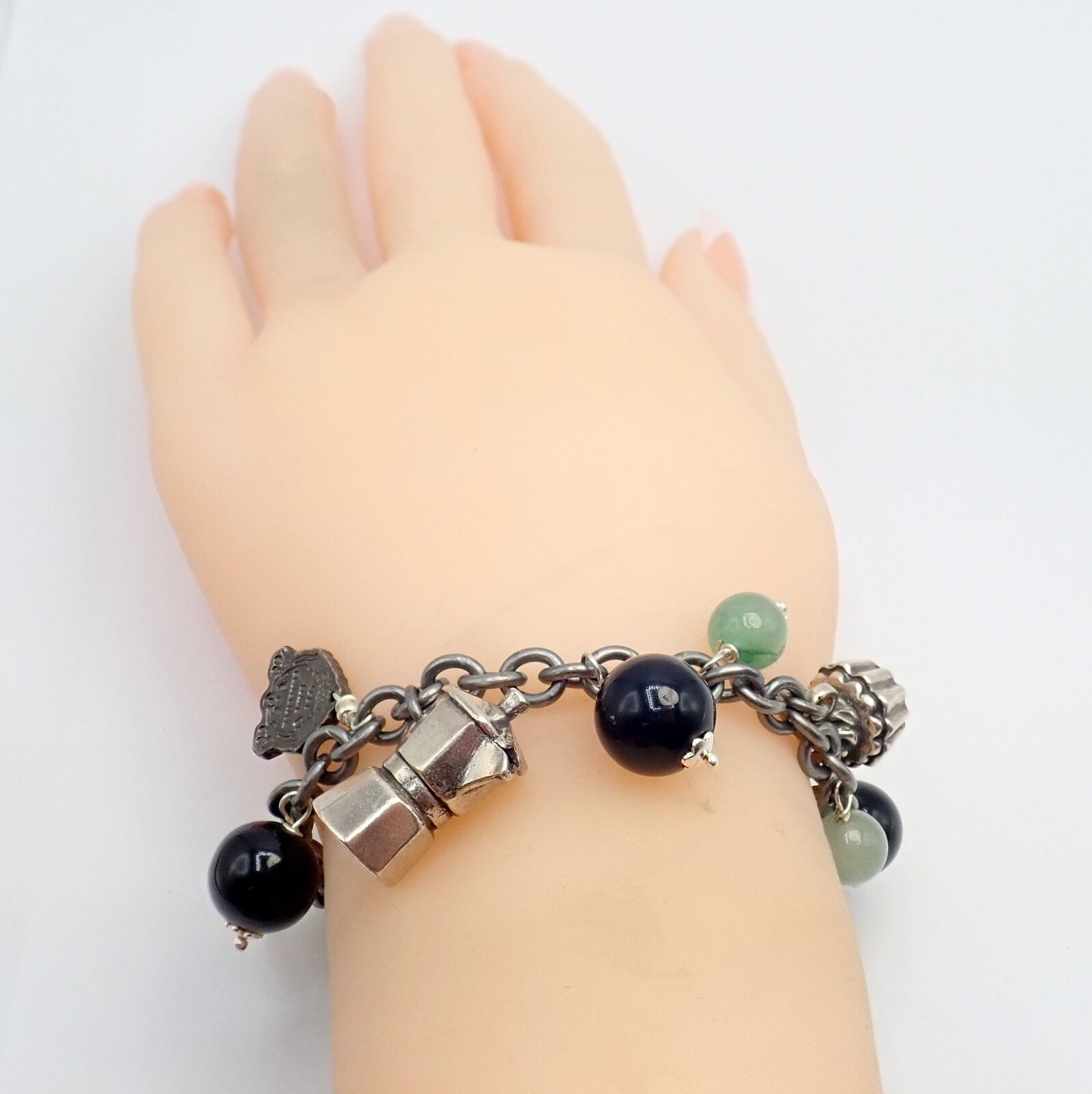 Rare! Vintage Mario Buccellati Silver Coffee Jadeite Onyx Bead Charm Bracelet | Fortrove