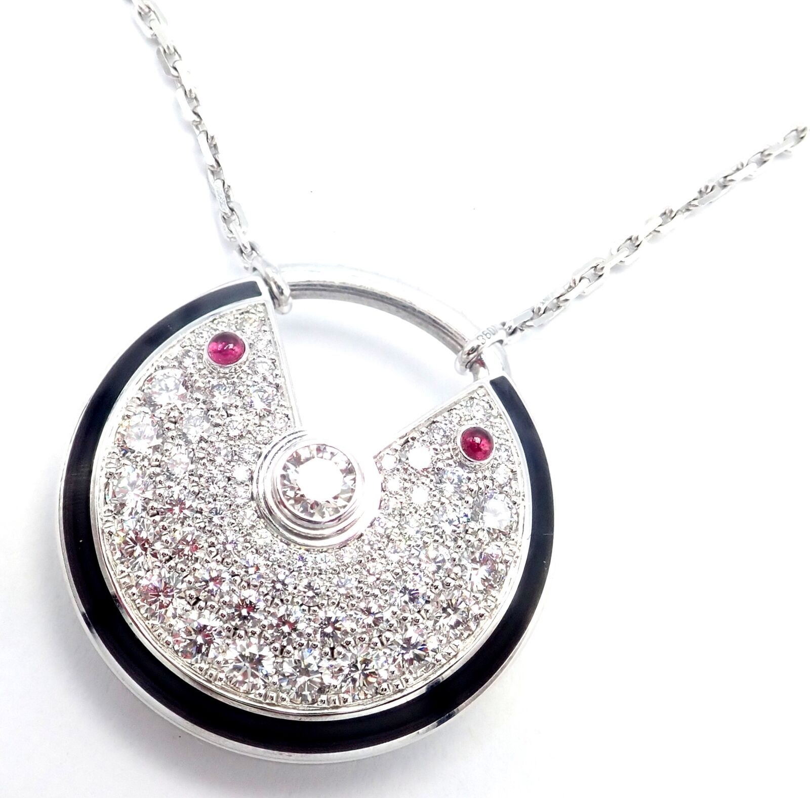Authentic! Cartier Amulette 18k White Gold Diamond Ruby Large Pendant Necklace | Fortrove