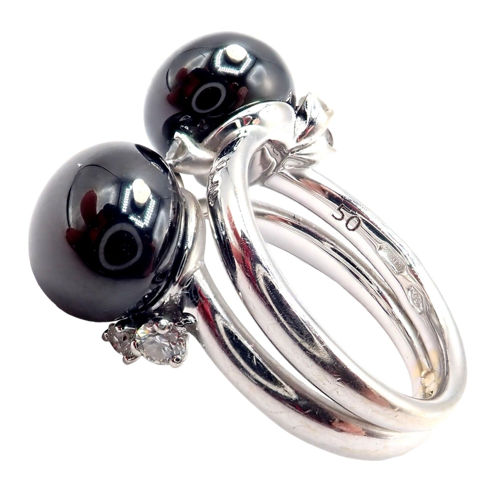 Authentic! Pomellato Capri 18k White Gold Diamond Twin Black Ceramic Ring | Fortrove